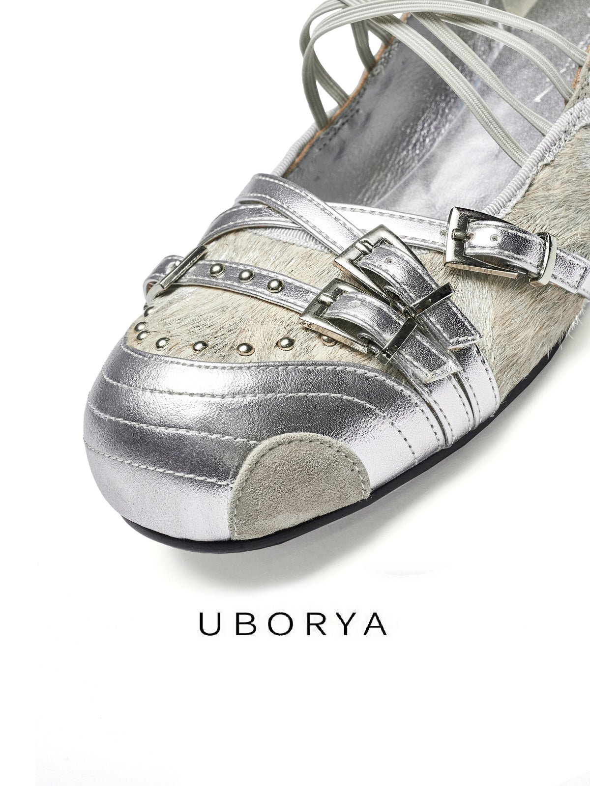 UBORYA Silver Metallic Y2K Futuristic Mary Jane Flats Double Buckle Lace‑Up