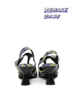 Purple Green Rose Print Leather T-Strap Slingbacks - Pointed Toe Kitten Heel Sandals