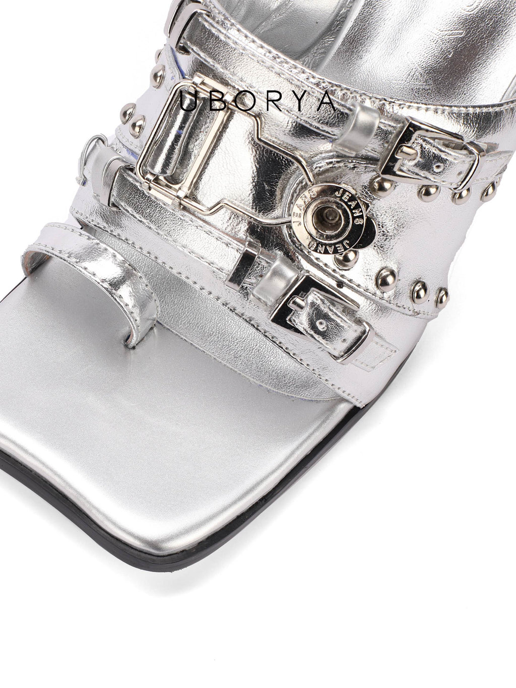 UBORYA Silver Metallic Multi-Buckle Mules with Skull Studs