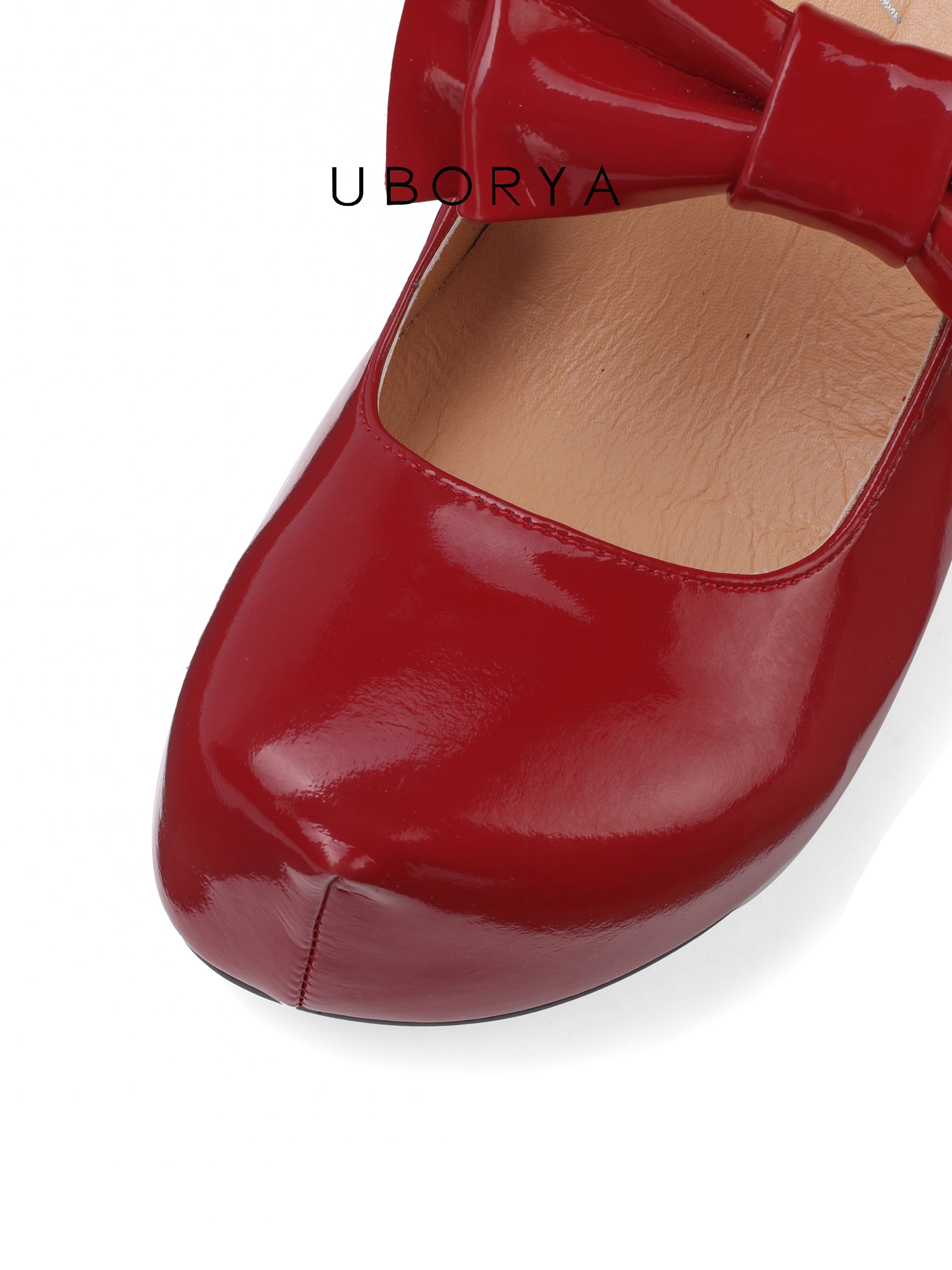 UBORYA Red Patent Leather Mary Jane Platform Heels, Sweet & Bold Oversized Bow & Buckle Round Toe