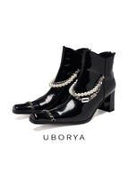 UBORYA Black Patent Leather Ankle Boots Pearl Chain Square Toe Block Heel