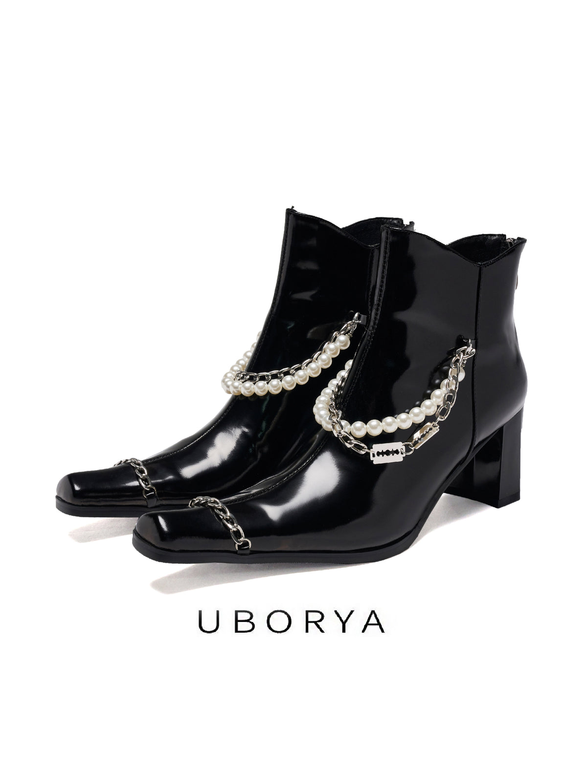 UBORYA Black Patent Leather Ankle Boots Pearl Chain Square Toe Block Heel