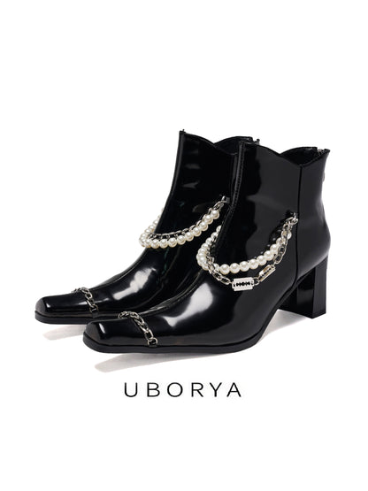UBORYA Black Patent Leather Ankle Boots - Pearl Chain Detail Square Toe Block Heel Booties