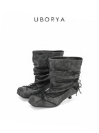 UBORYA Grey Denim Slouchy Bow Ankle Boots with Square Toe