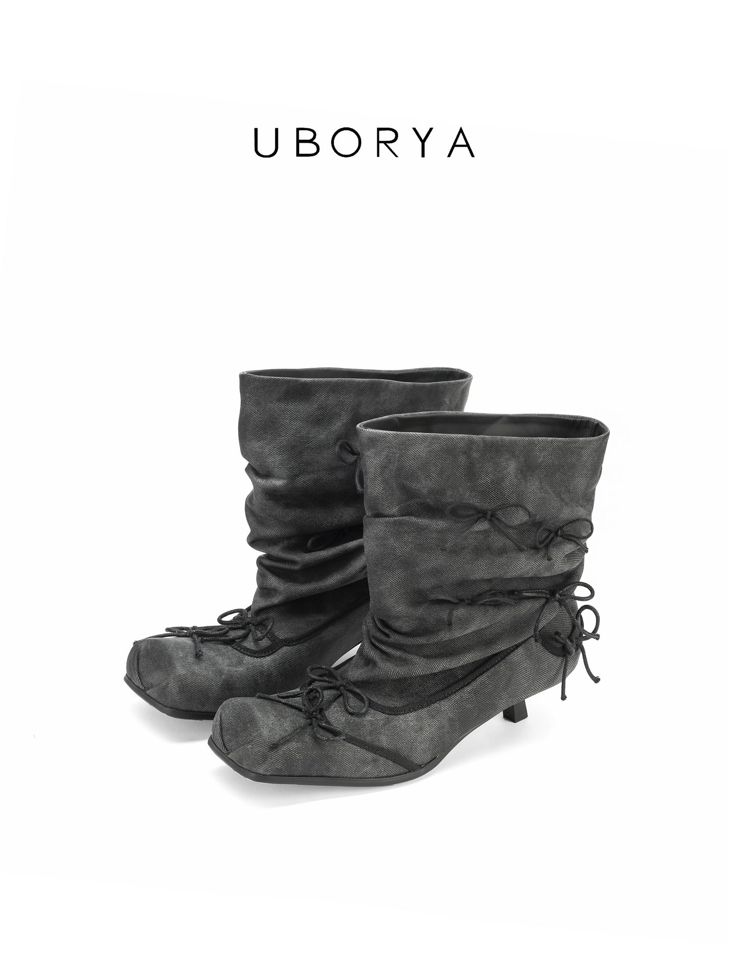 UBORYA Grey Denim Slouchy Ankle Boots with Bows – Square Toe Kitten Heel Booties for Women | Ruched Shaft | Mini Bow Accents | Grunge Y2K Denim Boots