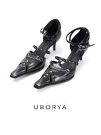 UBORYA Distressed Black Leather Studded Strap Heels Square Toe Stiletto Pumps
