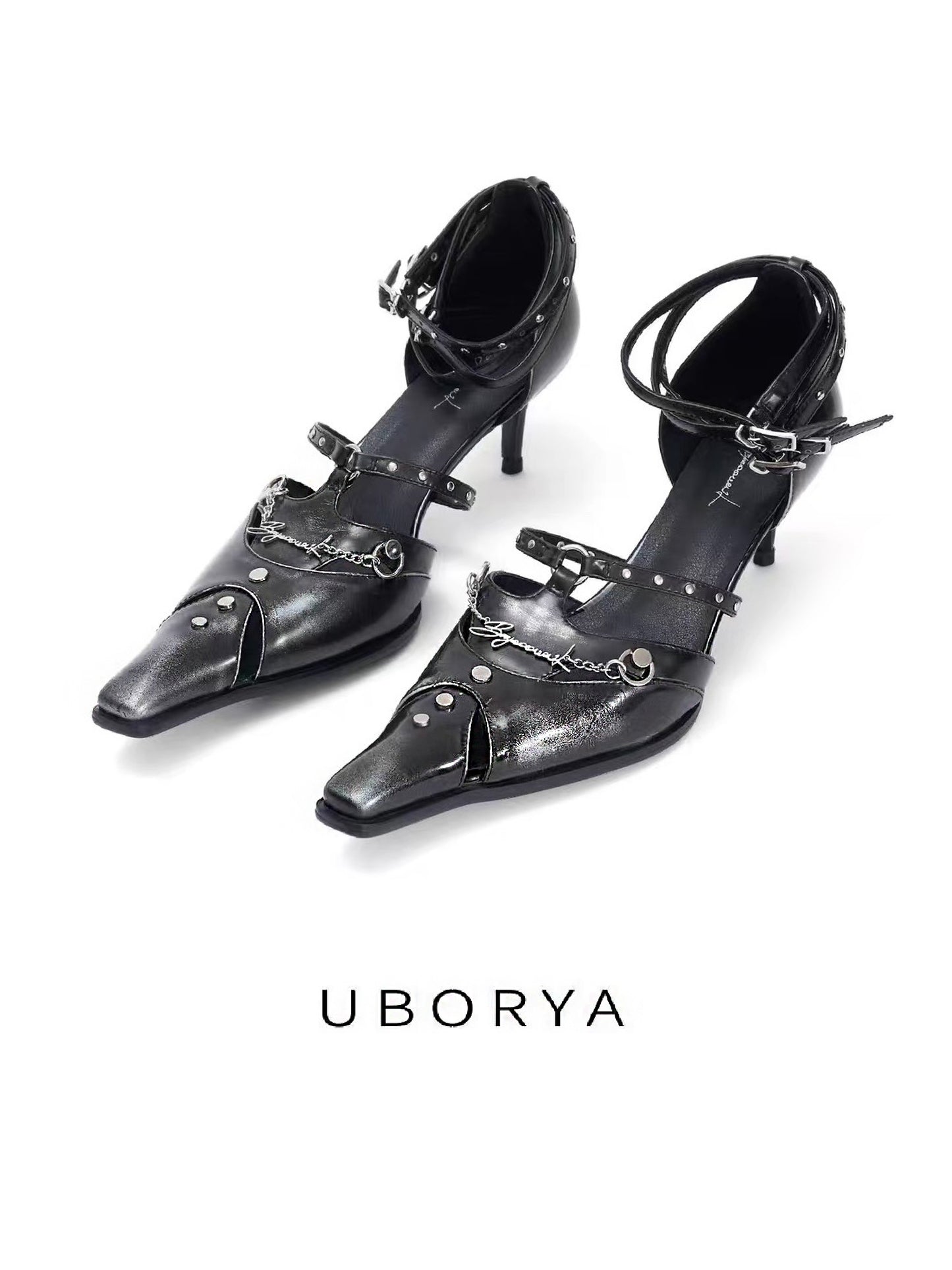 UBORYA Distressed Black Leather Studded Strap Heels - Chain Ring Detail Square Toe Stiletto Pumps