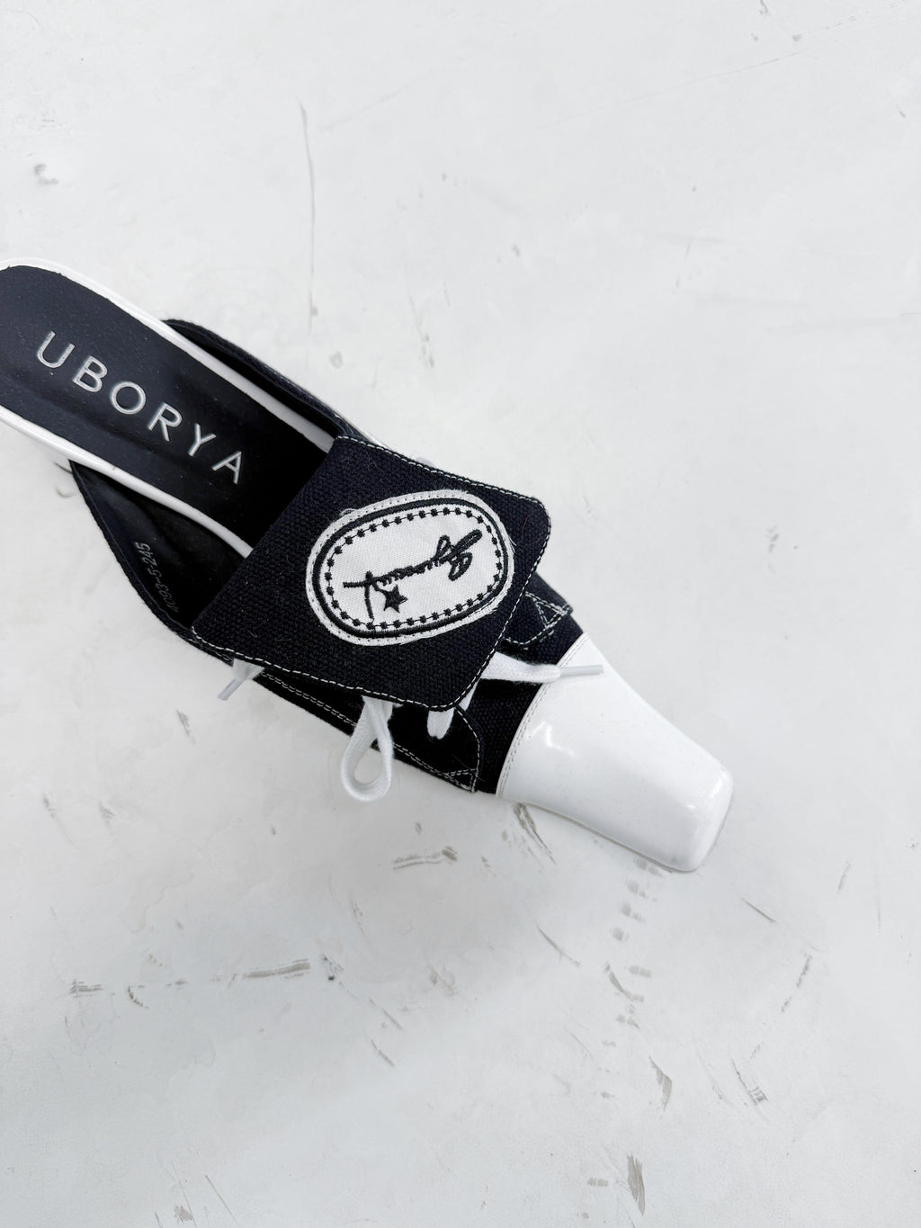 UBORYA Black White Canvas Leather Mule Heels Lace Up Square Toe Block Heel