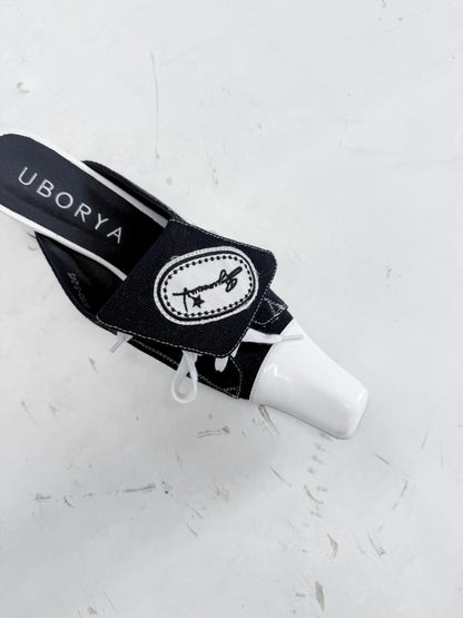 UBORYA Black White Canvas Leather Mule Heels - Lace-Up Square Toe Block Heel Sneaker Slides