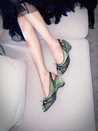 UBORYA Olive Green Lace Slingback Wedge Sandals with Bow Details