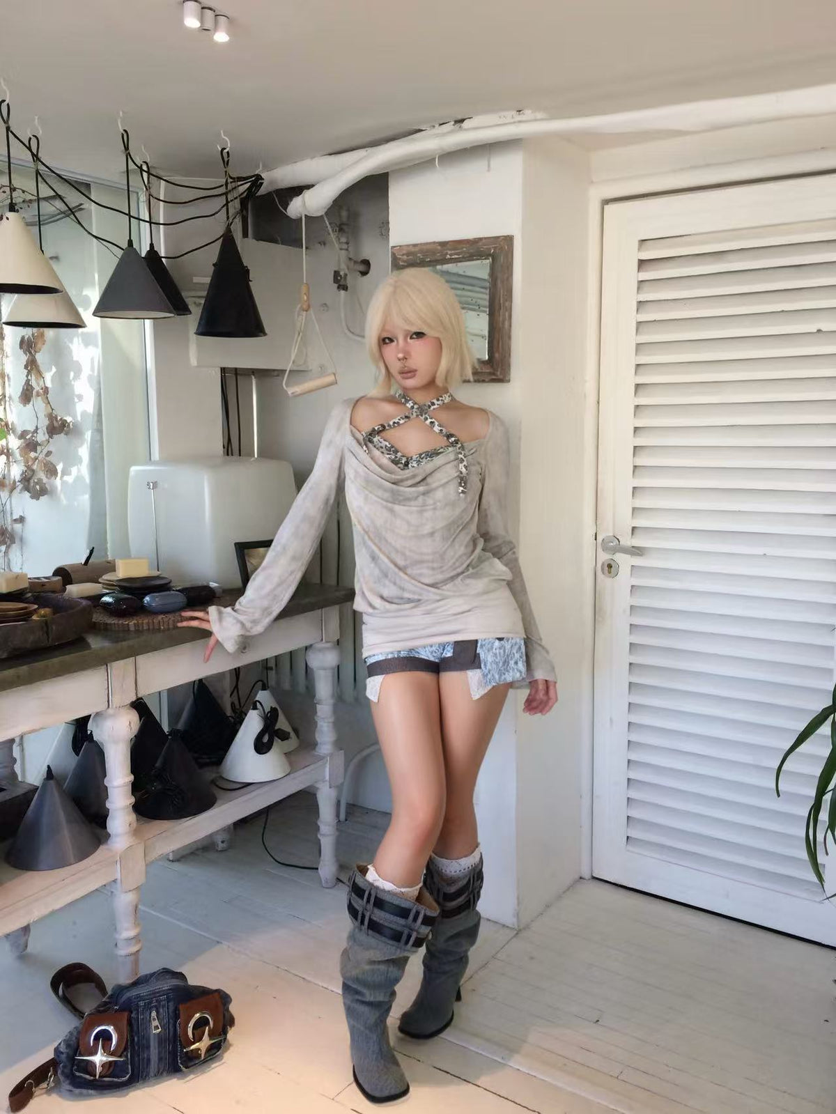 UBORYA Denim Slouchy Knee-High Boots with Black Buckle Straps
