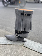 UBORYA Grey Blue Suede Fringe Mid-Calf Boots with Buckle Straps