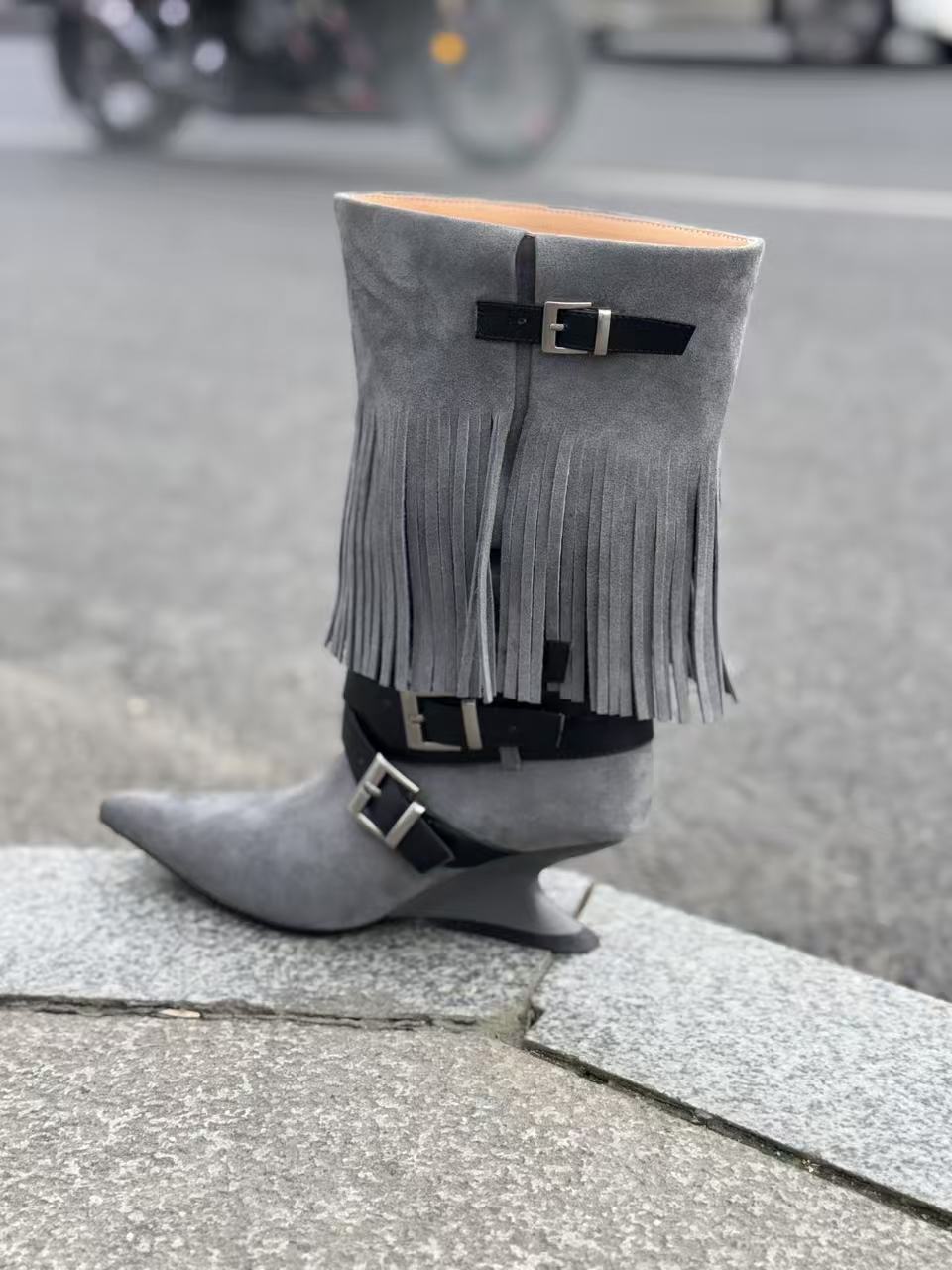 UBORYA Grey Blue Suede Fringe Mid-Calf Boots with Buckle Straps – Sculptural Wedge Heel Boots for Women | Pointed Toe | Western Avant-Garde Booties