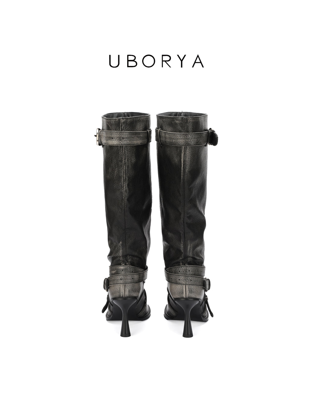 UBORYA Black Slouchy Knee-High Boots with Buckle Straps and Sculptural Heel