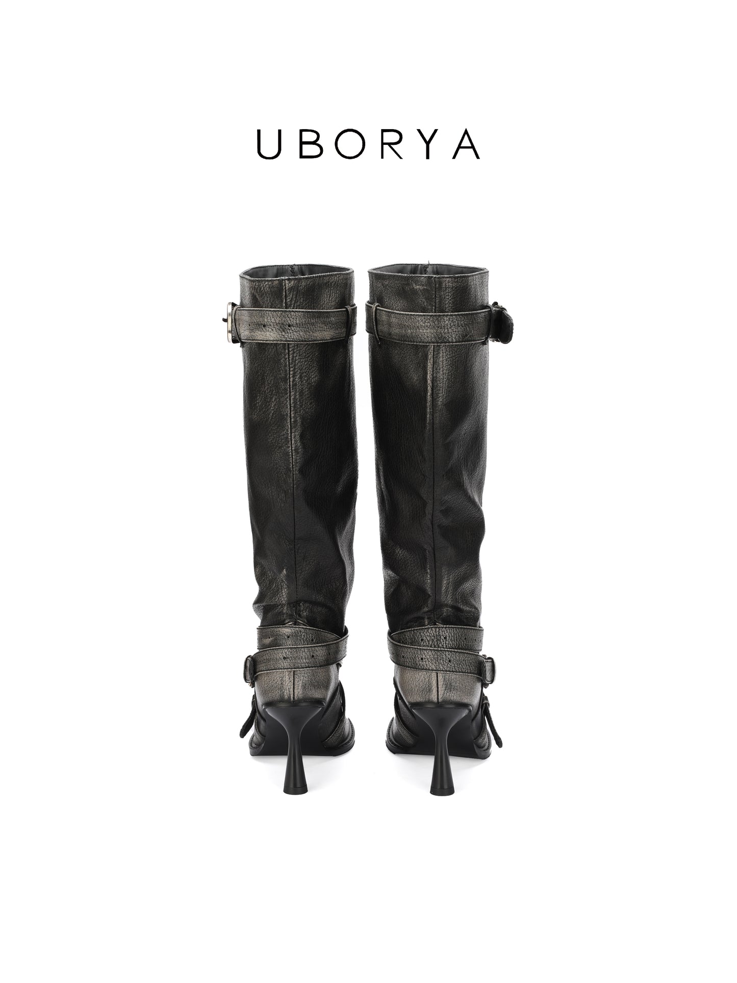 UBORYA Black Slouchy Knee-High Boots with Buckle Straps – 6.5cm Sculptural Kitten Heel Boots for Women | Square Toe | Crinkled Leather Harness Booties