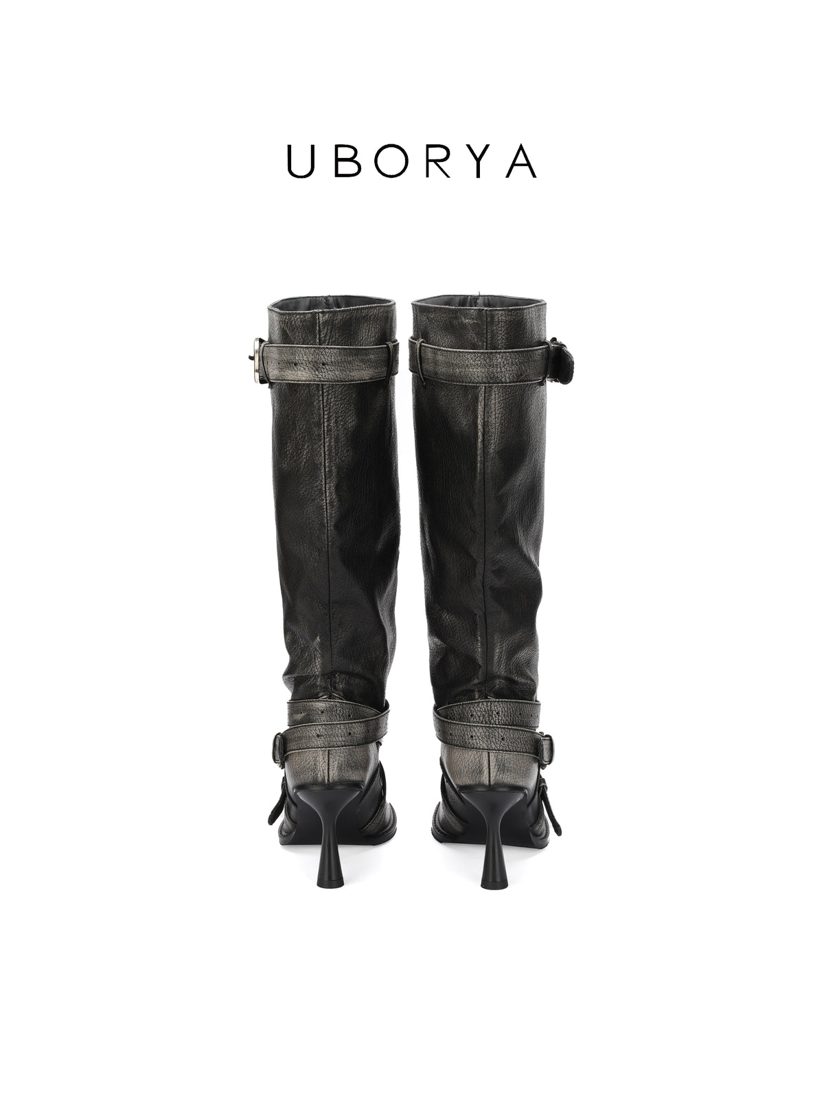 UBORYA Black Slouchy Knee-High Boots with Buckle Straps and Sculptural Heel