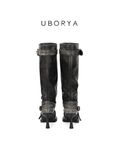 UBORYA Black Slouchy Knee-High Boots with Buckle Straps – 6.5cm Sculptural Kitten Heel Boots for Women | Square Toe | Crinkled Leather Harness Booties