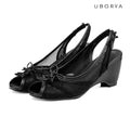 UBORYA Black Lace Slingback Peep-Toe Wedge Sandals with Bow Details