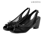 UBORYA Black Lace Slingback Peep-Toe Wedge Sandals with Bow Details