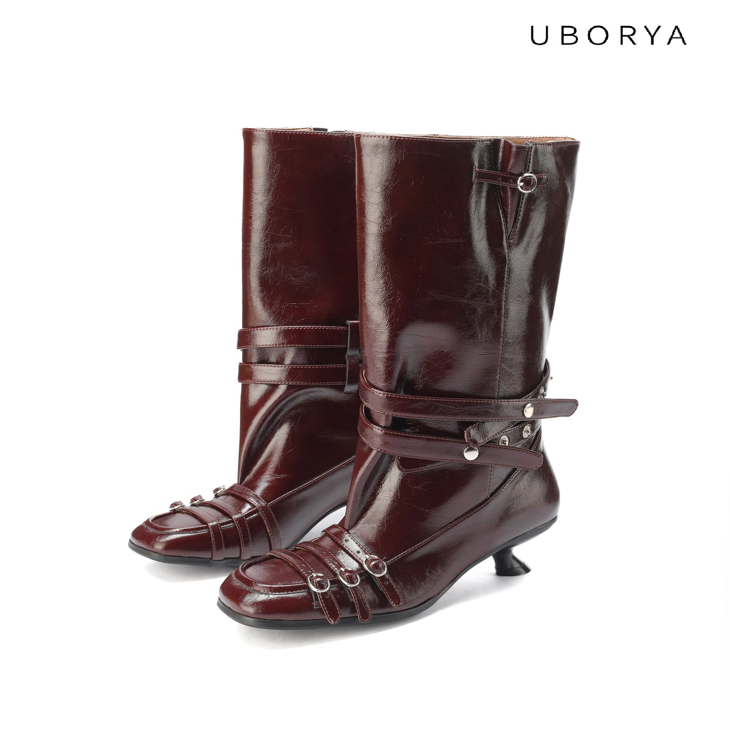UBORYA Burgundy Crinkled Leather Mid-Calf Boots with Multi-Strap Hardware – Kitten Heel Boots for Women | Square Toe | Equestrian Punk Booties