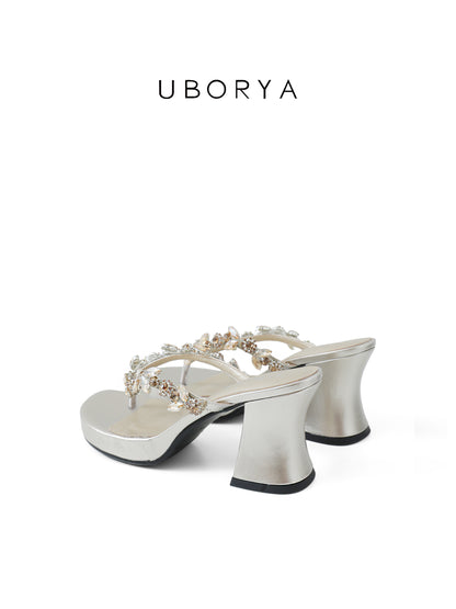 UBORYA Silver Champagne Rhinestone Thong Sandals – Glamorous Platform Heels for Women | 8cm / 3.15in Chunky Heel | Crystal Embellished Straps | Square Toe Slip-On Mules