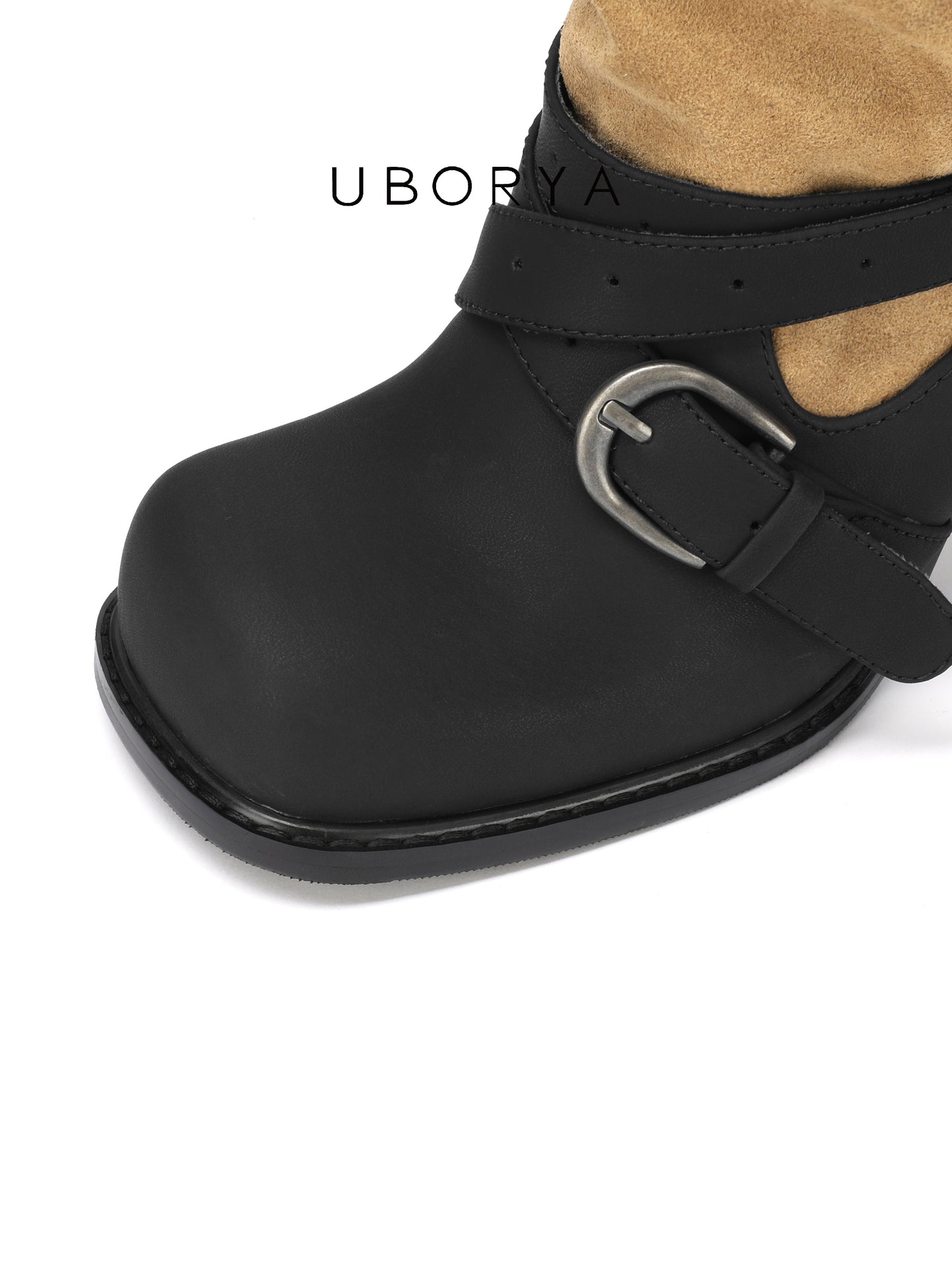UBORYA Tan Suede Slouchy Knee-High Boots with Black Buckle Straps – Sculptural Kitten Heel Boots for Women | Two-Tone Western Punk Booties