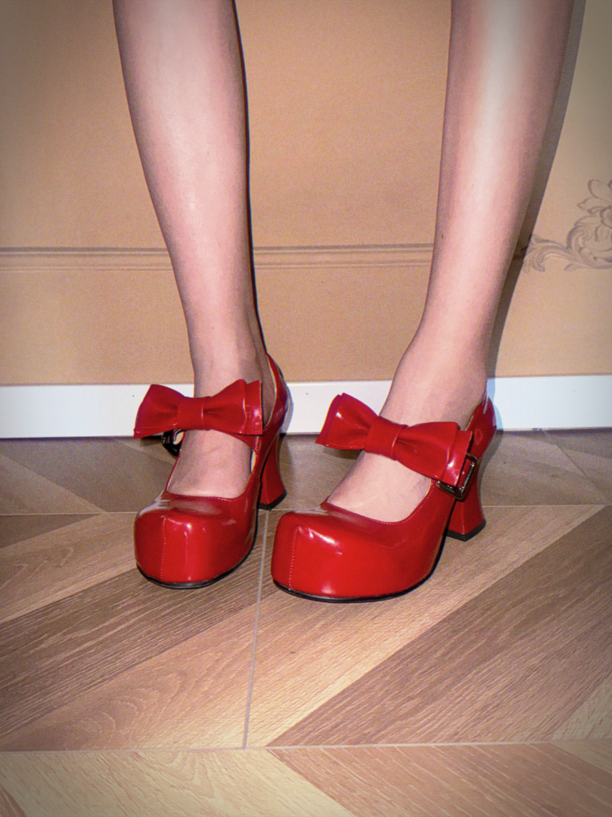 UBORYA Red Patent Leather Mary Jane Platform Heels, Sweet & Bold Oversized Bow & Buckle Round Toe