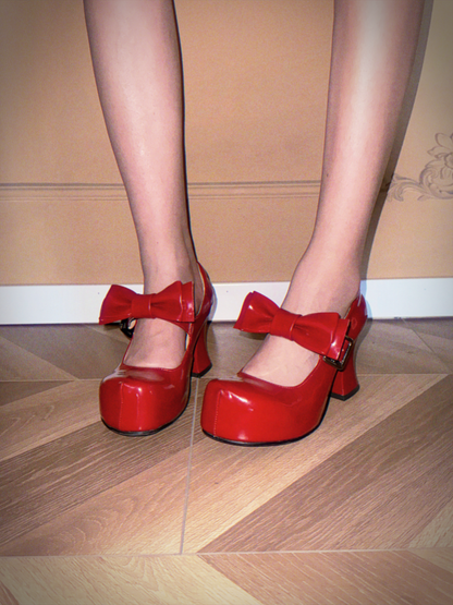 UBORYA Red Patent Leather Mary Jane Platform Heels – Sweet & Bold Chunky Heel Shoes for Women | 8cm / 3.15in Block Heel | Oversized Bow & Buckle Detail | Round Toe Pumps