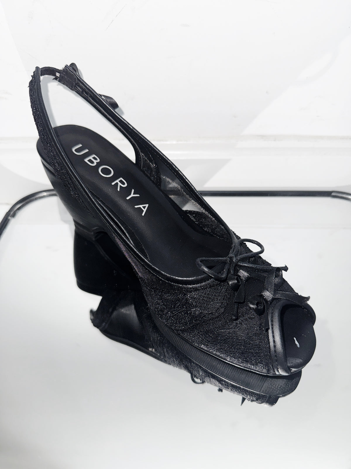 UBORYA Black Lace Slingback Peep-Toe Wedge Sandals with Bow Details