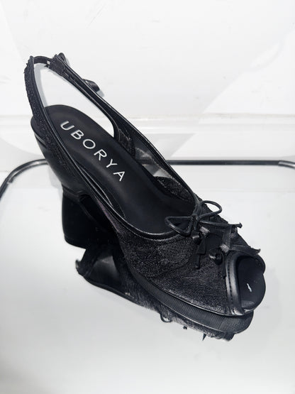 UBORYA Black Lace Slingback Peep-Toe Shoes with Bow Details – Low Wedge Heel Pumps for Women | Gothic Coquette Heels | Elegant Mesh Open-Toe Sandals