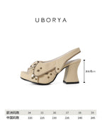 UBORYA Beige Canvas Platform Slingback Heels with Star Studs