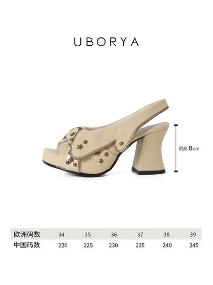 UBORYA Beige Canvas Platform Slingback Heels - Peep Toe Star Stud Zipper Detail Sculptural Heel Sandals