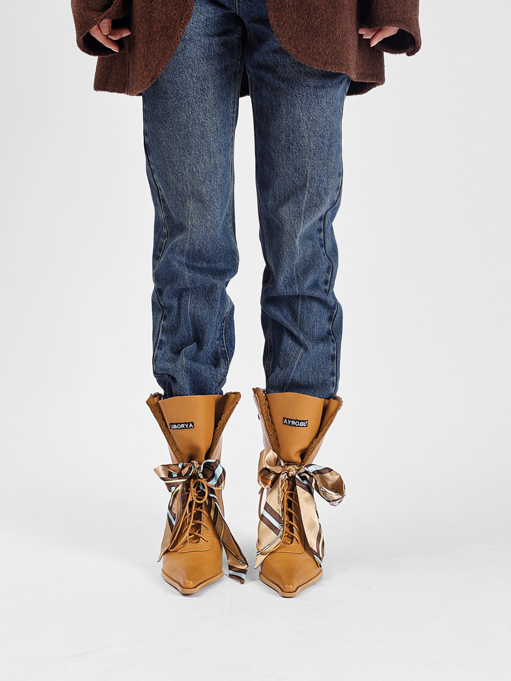 UBORYA Tan Leather Lace Up Wedge Boots Scarf Bow Pointed Toe Mid Calf Boots