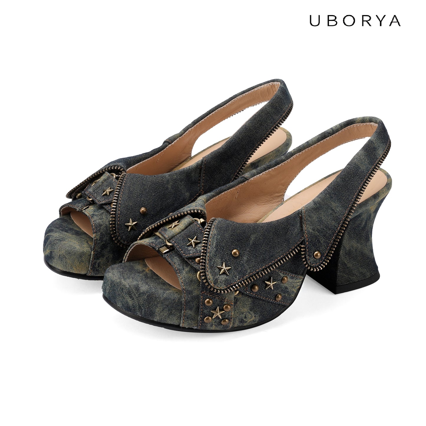 UBORYA Washed Denim Platform Slingback Heels - Peep Toe Star Stud Zipper Detail Sculptural Heel Sandals
