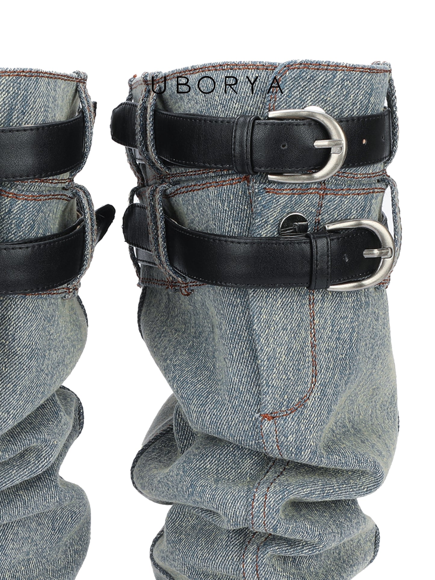 UBORYA Denim Slouchy Knee-High Boots with Black Buckle Straps – Sculptural Kitten Heel Boots for Women | Distressed Jean Booties | Avant-Garde Denim Punk Footwear