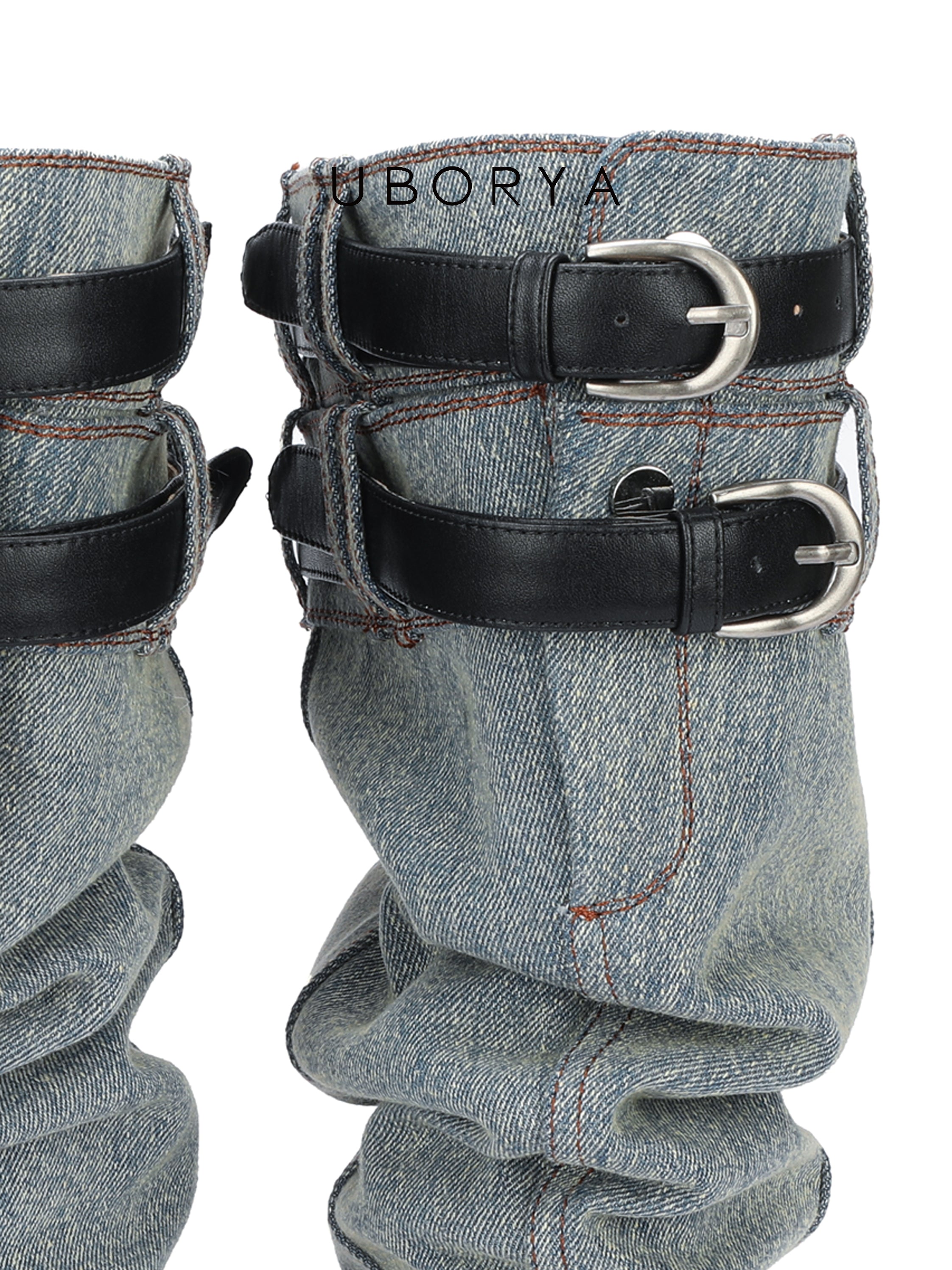 UBORYA Denim Slouchy Knee-High Boots with Black Buckle Straps