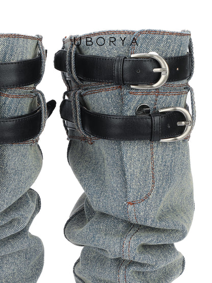 UBORYA Denim Slouchy Knee-High Boots with Black Buckle Straps – Sculptural Kitten Heel Boots for Women | Distressed Jean Booties | Avant-Garde Denim Punk Footwear