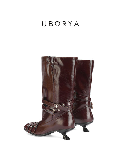 UBORYA Burgundy Crinkled Leather Mid-Calf Boots with Multi-Strap Hardware – Kitten Heel Boots for Women | Square Toe | Equestrian Punk Booties