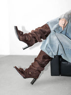 UBORYA Brown Suede Ruched Mid Calf Boots 7cm Block Heel Knot Detail