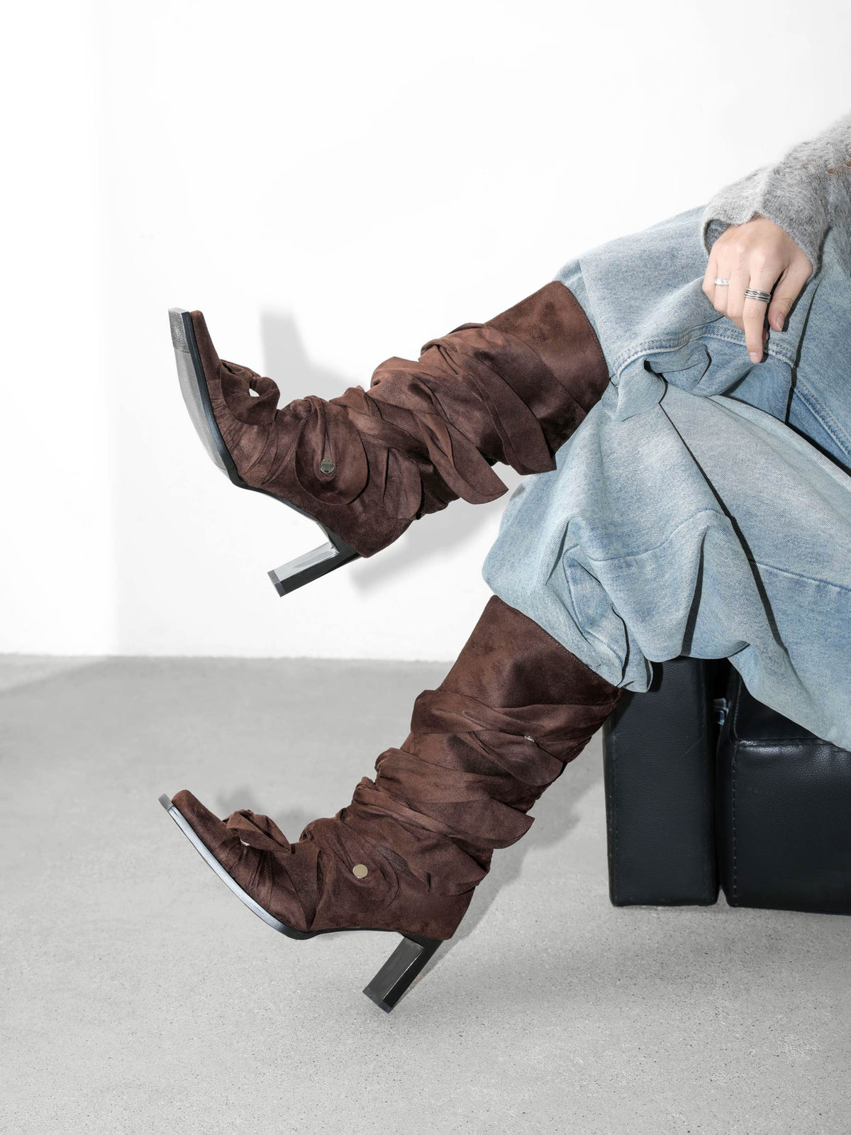UBORYA Brown Suede Ruched Mid Calf Boots 7cm Block Heel Knot Detail