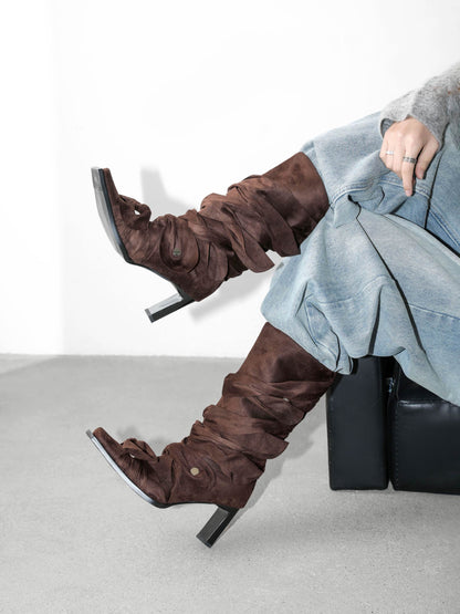 UBORYA Brown Suede Ruched Mid-Calf Boots for Women | 7cm Block Heel Sculptural Boots with Knot Detail | Faux Suede | Edgy Boho Modern Style