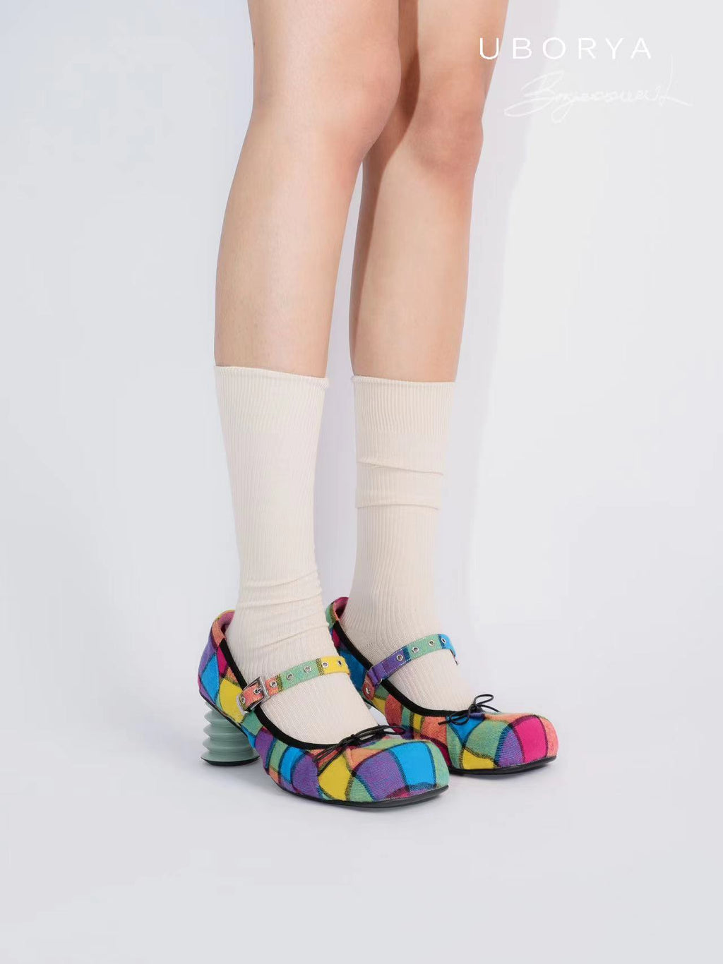 UBORYA Rainbow Plaid Mary Jane Pumps Colorful Tartan Wave Heel Y2K Platform Shoes