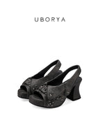 UBORYA Charcoal Grey Distressed Platform Slingback Heels with Star Studs
