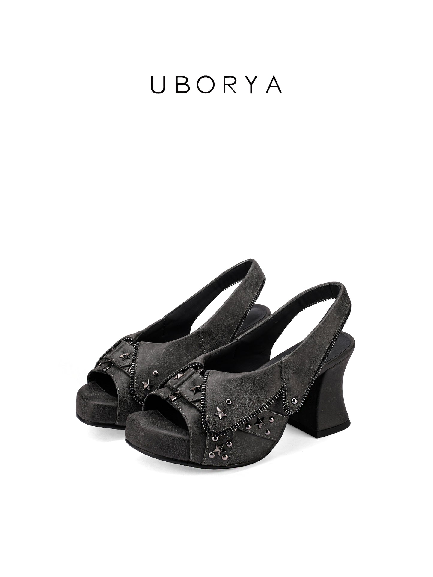 UBORYA Charcoal Grey Distressed Platform Slingback Heels - Peep Toe Star Stud Zipper Detail Sculptural Heel Sandals