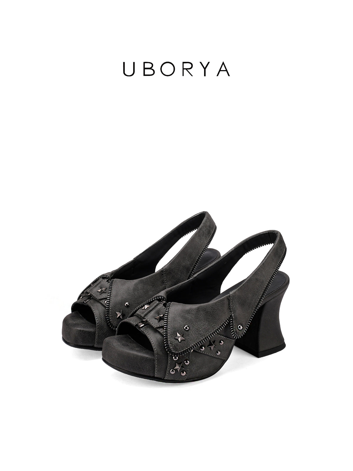 UBORYA Charcoal Grey Distressed Platform Slingback Heels with Star Studs