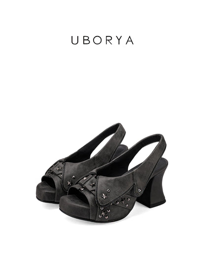 UBORYA Charcoal Grey Distressed Platform Slingback Heels - Peep Toe Star Stud Zipper Detail Sculptural Heel Sandals