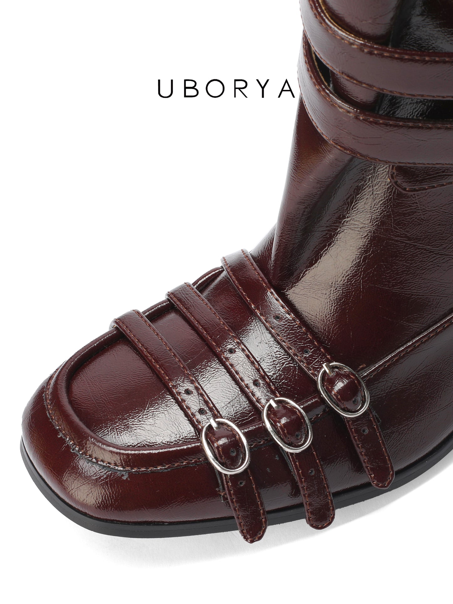 UBORYA Burgundy Crinkled Leather Mid-Calf Boots with Multi-Strap Hardware – Kitten Heel Boots for Women | Square Toe | Equestrian Punk Booties