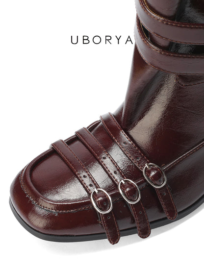 UBORYA Burgundy Crinkled Leather Mid-Calf Boots with Multi-Strap Hardware – Kitten Heel Boots for Women | Square Toe | Equestrian Punk Booties