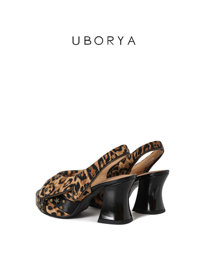 UBORYA Leopard Print Platform Slingback Heels - Peep Toe Star Stud Zipper Detail Sculptural Heel Sandals