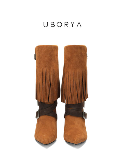 UBORYA Tan Suede Fringe Mid-Calf Boots with Buckle Straps – Sculptural Wedge Heel Boots for Women | Pointed Toe | Western Boho Booties